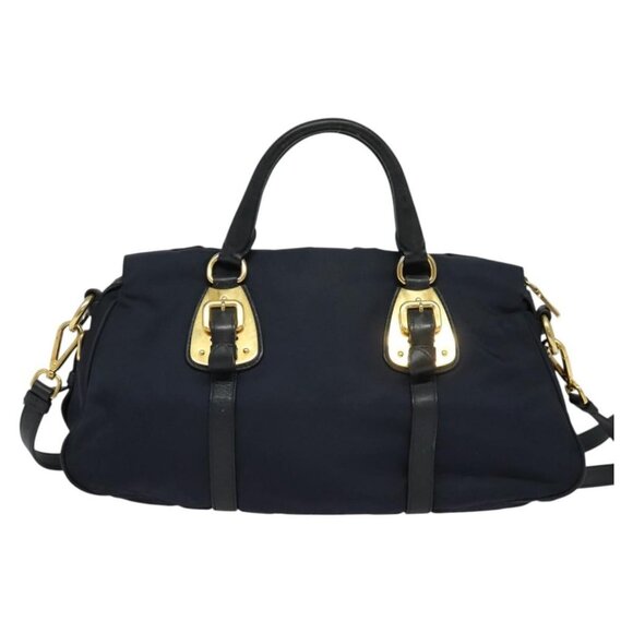 PRADA Tote Bag Nylon 2way Navy Gold Auth PP893 - Picture 3 of 16
